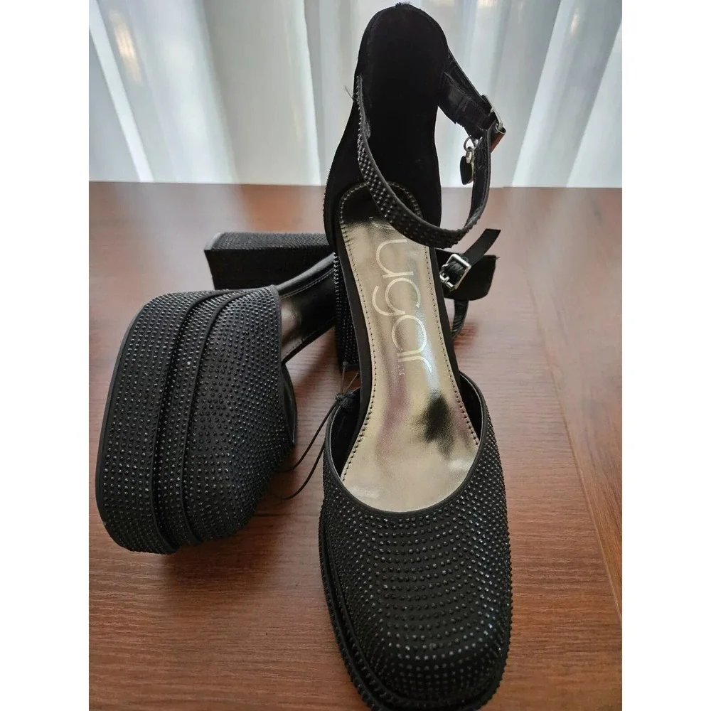 Sugar Platform Pumps Women 9 Black Willfully 2 Rhinestone Block Heel Ankle Strap